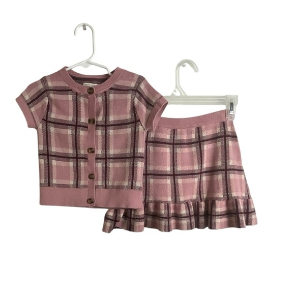 Happily Grey Kids Pink Burgundy and Cream Plaid Cardigan and Skirt Set - Picture 8 of 9
